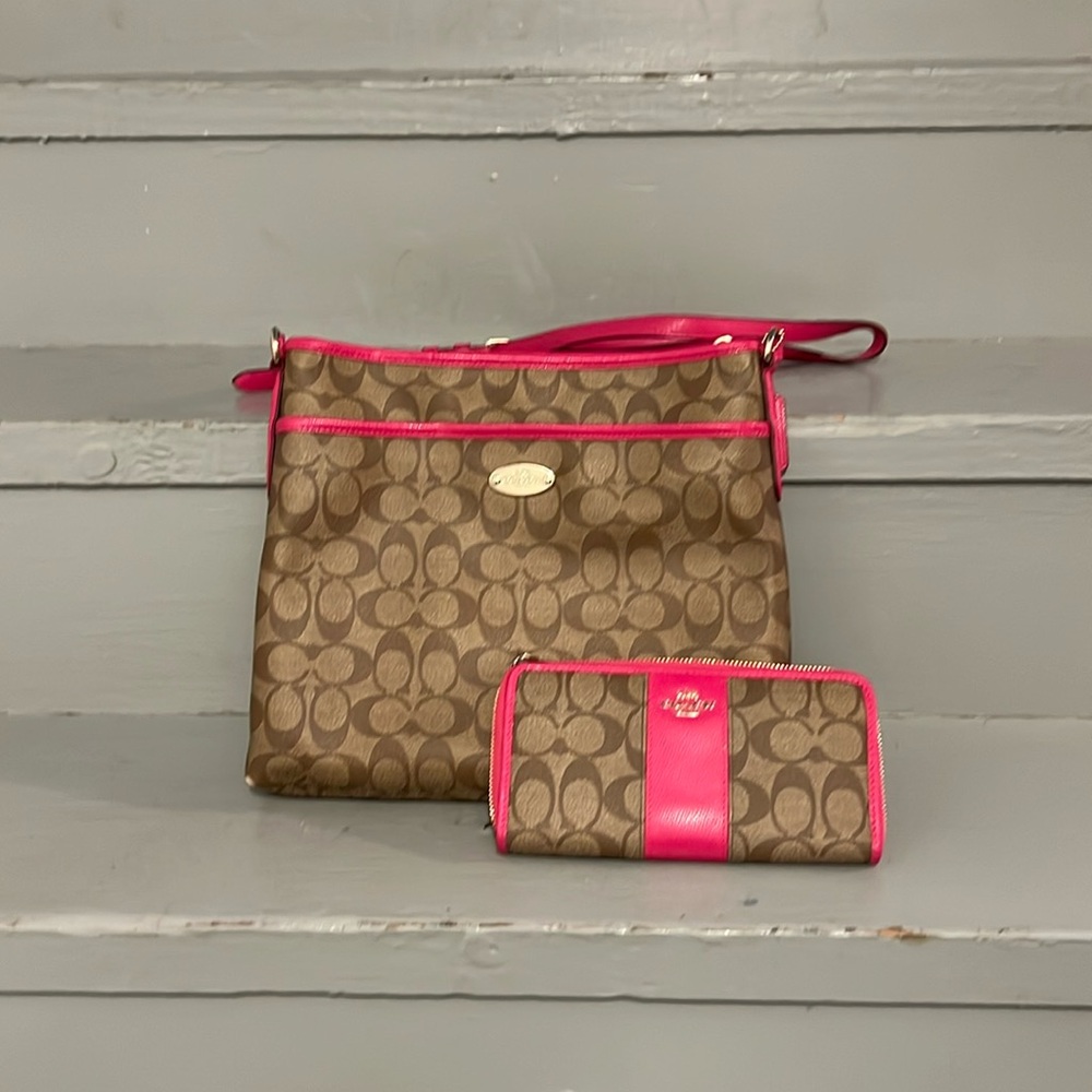 Coach crossbody (brown/pink) and matching wallet- sold as a set